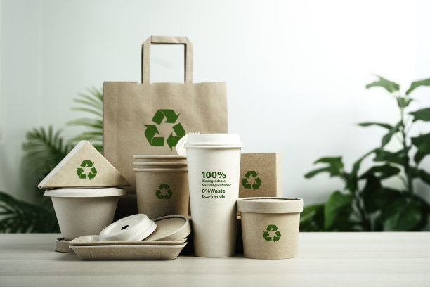 由可生物降解材料制成的环保纸餐具和包装。零废物和循环再造理念。绿色包装或一次性使用，可持续环保图片下载