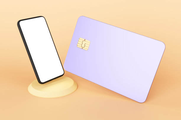在黄色背景的讲台上，现代智能手机和信用卡的空白模型。3d渲染图。图片下载