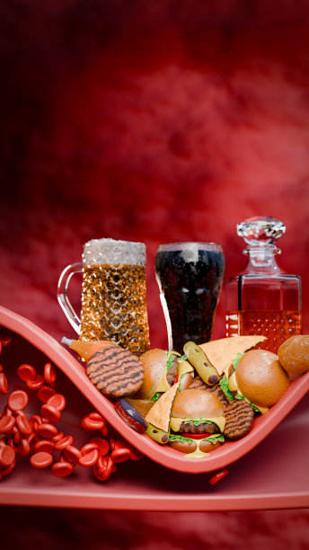 高脂血症或动脉硬化。动脉闭塞的概念与人体血管脂肪与胆固醇的疾病有关。动脉阻塞，胆固醇斑块。快餐，垃圾食品。三维渲染图片下载