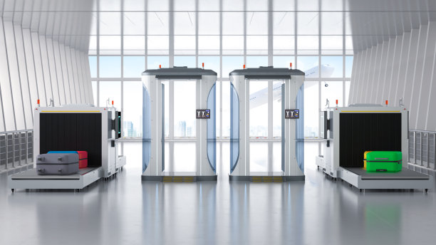 机场安检口设有安检门和扫描机图片下载