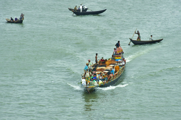 用船在繁忙的河道中运送牲畜图片下载