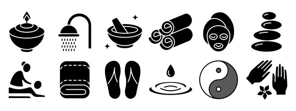 健康套装图标。香薰，淋浴，碗，毛巾，面膜，石头，按摩，毛巾，人字拖，水滴，阴阳，手，冥想。图片下载