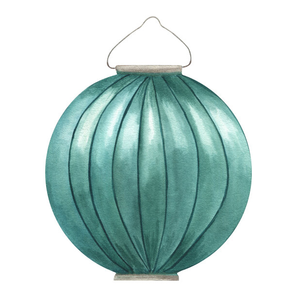 挂纸灯笼。排灯节坎迪尔地区。充满活力的绿松石灯。印度或中国的灯节。水彩插图孤立在白色。节日元素的家庭装饰，贺卡设计图片下载