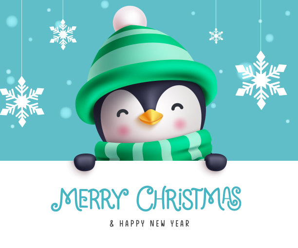 圣诞企鹅贺卡矢量模板。圣诞快乐，新年快乐，可爱的微笑企鹅戴着绿色的帽子图片下载