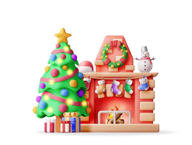 3D红砖新年壁炉隔离。图片下载