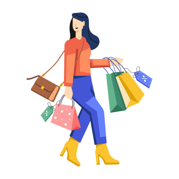 逛街的女孩拿着手包走路，平面插画图片下载