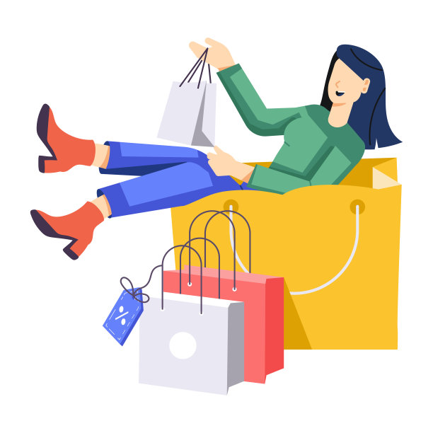 快乐买家带包，平面人物插画图片下载