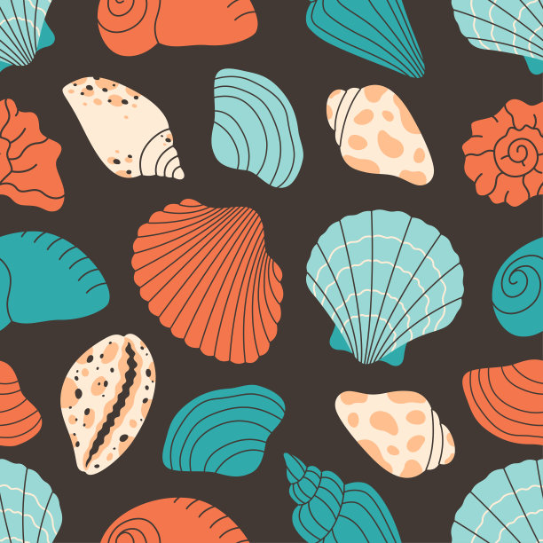 无缝图案的海贝壳，软体动物，海螺。热带海滩贝壳。夏季无缝花纹。矢量插图在平面风格图片下载