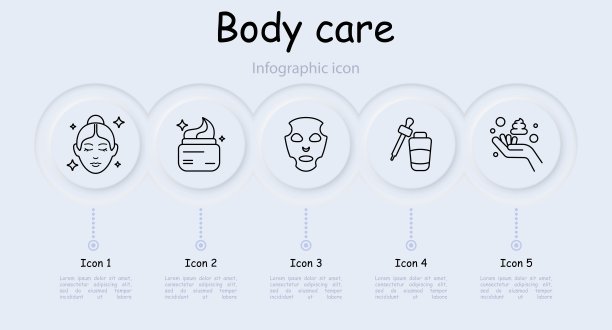 身体护理套装图标。面膜、韩国化妆品、H2O、水、钻石、火花、面霜、油、信息图、月亮、新形态、星星、手、移液器、剃刀、美容。外观护理理念。图片下载