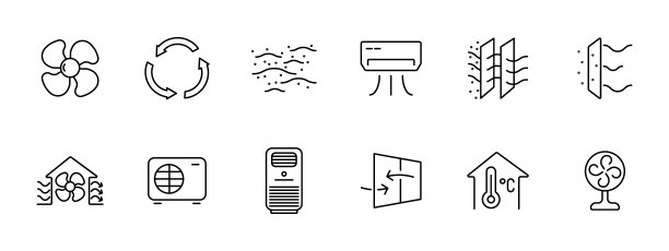 通风装置图标。叶片，循环，空气，防尘，空调，防尘保护层，过滤器，空气加热器，便携式空调，温度控制，风扇。曝气的概念。图片下载