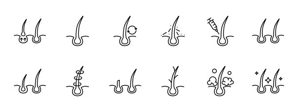 发型图标。理发，面霜，洗发，毛发学，保湿，光亮，皮肤瘙痒，体积，发乳，营养，强化，分叉，沙龙程序，脆弱。护发理念。图片下载