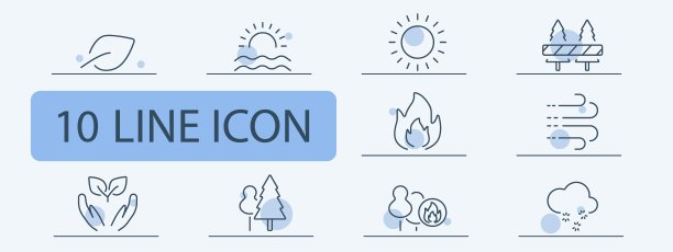 自然和环境线图标集。树叶，日落，太阳，长凳，风，手捧植物，树，火，雪。生态、环保、户外理念图片下载