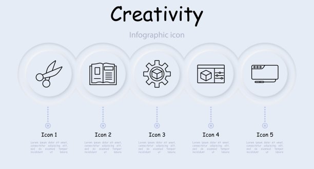 创意集图标。剪刀、艺术家、视觉设计师、艺术家、画家、齿轮、正方形、信息图、新形态、漫画、书籍、指南、手册、照片图层、色彩校正。创造的概念。图片下载
