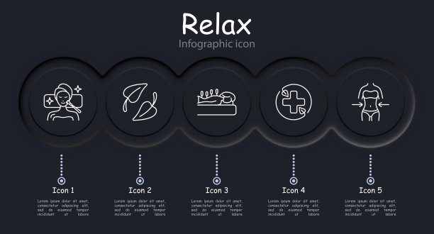 放松设置图标。针灸，面部按摩，面霜，精油，健康强壮的头发，十字，花瓣，信息图，毛巾，减肥，新形态，传统医学。桑拿的概念。图片下载