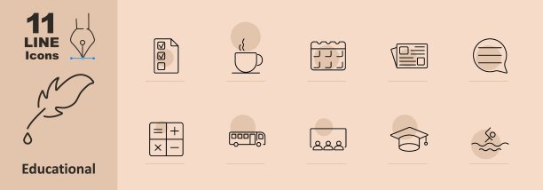 教育集图标。清单、咖啡、日历、新闻、演讲泡泡、计算器、公交车、教室、毕业帽、游泳、教育、学习、学校、日程、交流、学习、教学图片下载