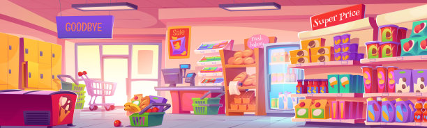 超市内部有产品、收银台、购物篮图片下载