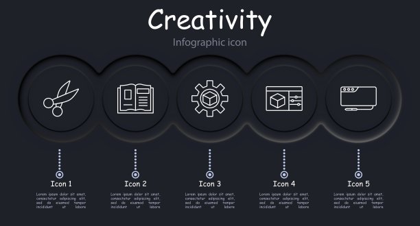 创意集图标。剪刀、艺术家、视觉设计师、艺术家、画家、齿轮、正方形、信息图、新形态、漫画、书籍、指南、手册、照片图层、色彩校正。创造的概念。图片下载
