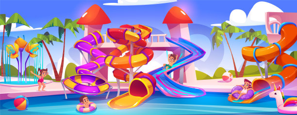 水上乐园与滑梯和游泳池的儿童卡通图片下载