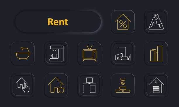 租集图标。浴缸，咖啡机，百分比房子，地图，家，电视，窗帘，房地产，摩天大楼，车库，办公室，装修。物业、租赁、租赁的服务理念。图片下载