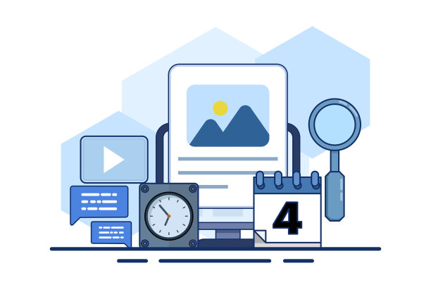 内容日历概念或内容规划，社交媒体内容，后调度，时间管理组织在工作中，概念性登陆页面模板与图标和文本。平面矢量插图。图片下载