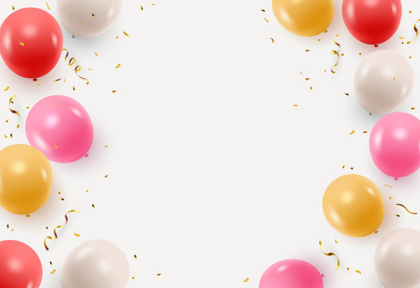矢量装饰框架邀请或贺卡与五颜六色的现实气球，金色纸屑，飘带和空间为您的文字图片下载