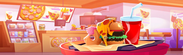 快餐店内部有汉堡和柜台图片下载
