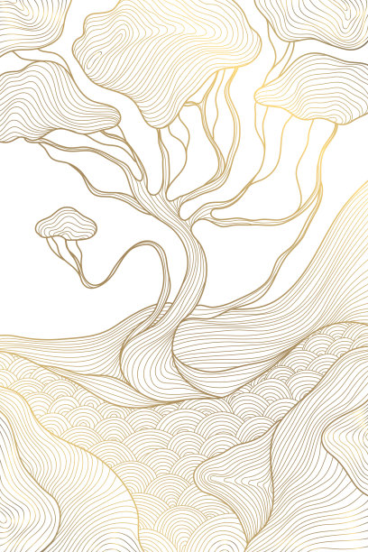 矢量黄金上白色日本图案。青山绿水上的线条奢华插画、墙面艺术、抽象传统的波浪画册、绘制自然的海报图片下载
