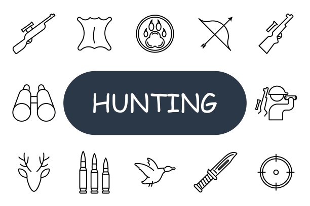 狩猎集图标。各种狩猎元素，包括步枪，双筒望远镜，刀，子弹，鹿，鸭，目标，弓，瞄准镜，猎人，荒野，野生动物，设备，户外，游戏，冒险。图片下载