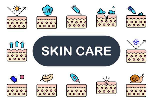 护肤套装图标。防晒，防UVB，注射，泡沫洁面，保湿，补水，敏感肌肤，祛斑，温和，舒缓，祛痘，焕发光彩，护肤。图片下载