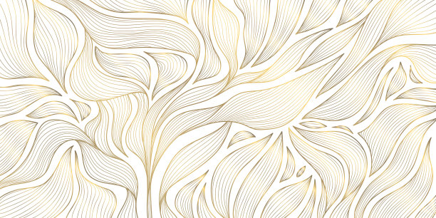 矢量艺术装饰线模式。金色的叶子抽象的背景，花式的自然点缀，植物花的质感。新潮印花，复古丛林插画图片下载