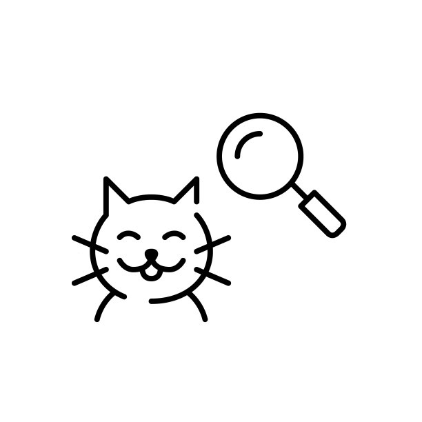 快乐的猫和放大镜。将宠物与领养家庭配对。像素完美矢量图标图片下载