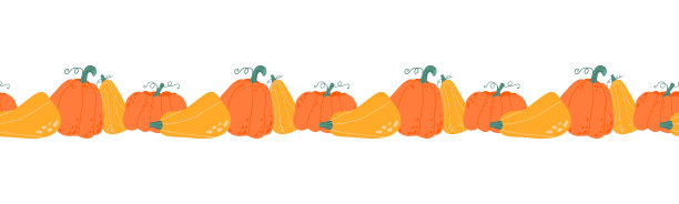 五颜六色的秋天南瓜水平无缝背景。季节性秋收。手绘平面矢量插图孤立的白色背景，设计元素。季节性的秋季横幅设计问候或促销。图片下载