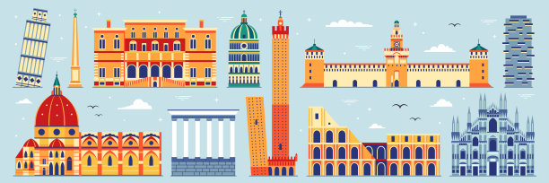 意大利旅游旗帜与意大利历史地标图片下载