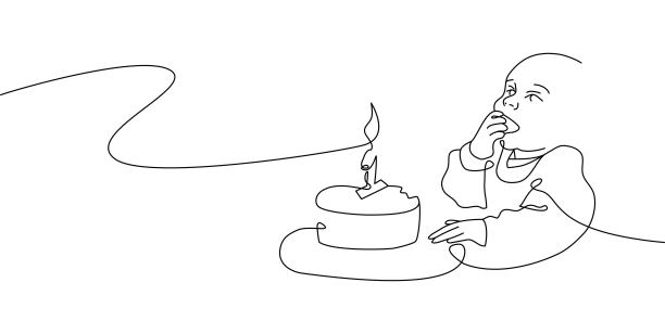 矢量一行艺术插图一个蹒跚学步的婴儿和第一个生日蛋糕。生日礼物线形图图片下载