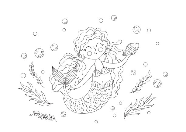 有小美人鱼的涂色页图片下载