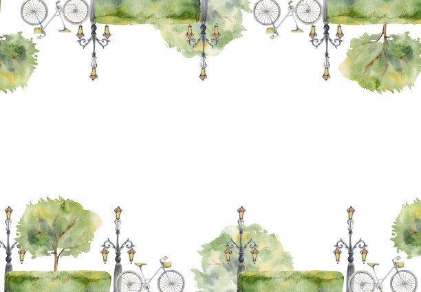 古老的欧洲城镇街道上有灯柱、花灯、绿树成荫的树篱。水彩手绘边框。适用于旅游商店、纪念品、旅游宣传册、建筑局图片下载