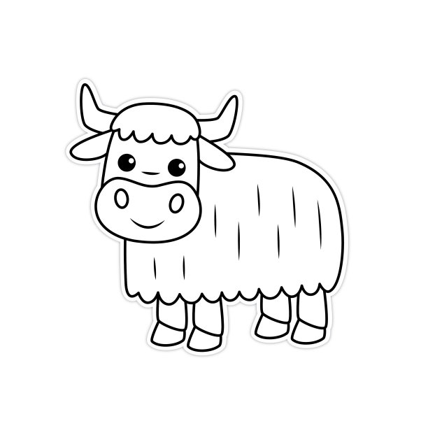 可爱的卡通人物牦牛站和微笑的矢量插图黑白图纸，为孩子们学习根据图片上色。图片下载