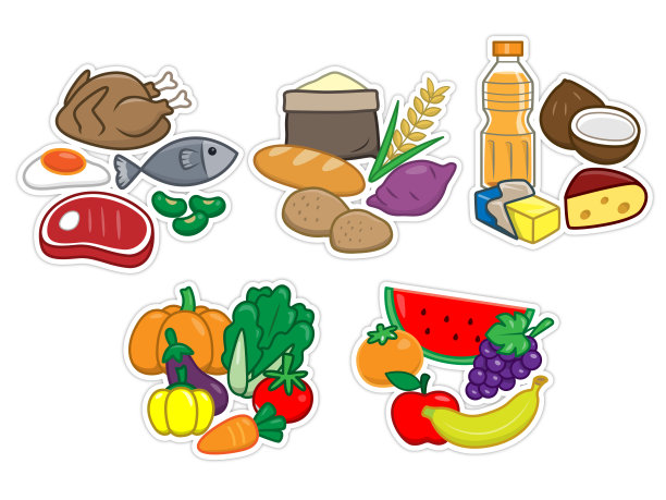 矢量说明食物金字塔显示健康的饮食习惯与水果，蔬菜，谷物，肉类和乳制品。图片下载