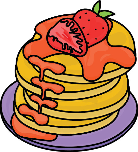 煎饼与草莓酱与枫糖浆的概念，法国可丽饼矢量图标设计，欧洲早餐符号，美国人的早餐标志，餐厅咖啡馆菜单股票插图图片下载