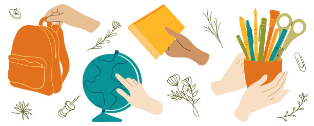 不同的手拿着学习用品。图片下载