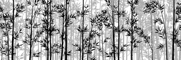 景观竹林。热带植物。雨林中的灌木丛。茂密的丛林。物体被隔离在白色背景上。无缝合成。黑色剪影画。向量图片下载