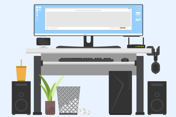 配有超宽显示器的现代工作台。图片下载