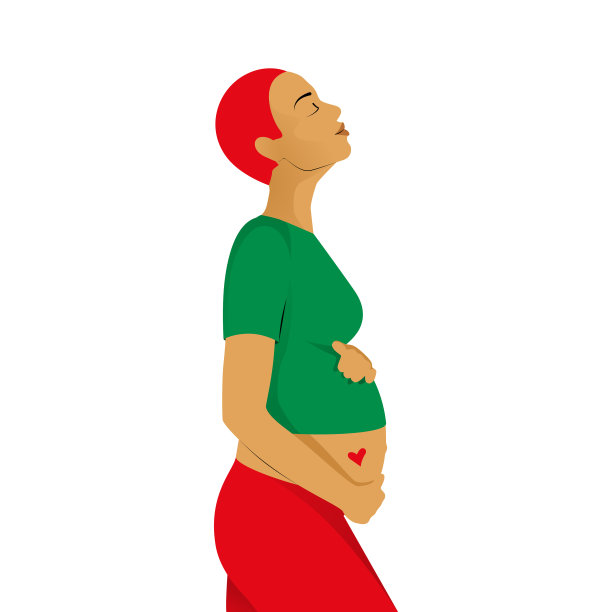 怀孕的红发妇女侧视图，穿着绿色衬衫和红色牛仔裤温柔地抱着她的肚子，带着幸福的微笑图片下载