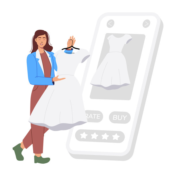 女孩在网上做布艺购物，平面插画图片下载