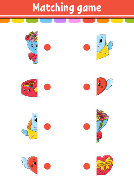 匹配的游戏。画一条线。教育发展工作表。有彩色图片的活动页面。给孩子们的谜语。可爱的性格。卡通风格。矢量插图。图片下载