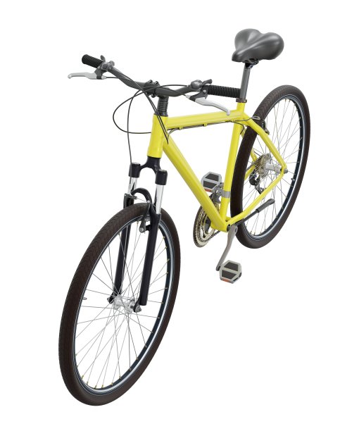 黄色自行车，侧面顶视图孤立在白色背景，3D插图图片下载