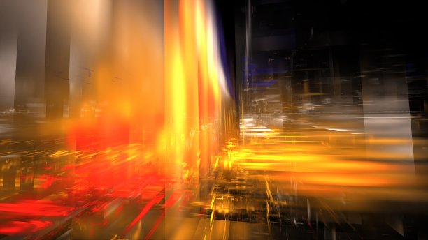 五彩缤纷的灯光爆发并融合成抽象的图案，在夜间的城市景观中创造出动态的视觉效果。三维渲染图片下载