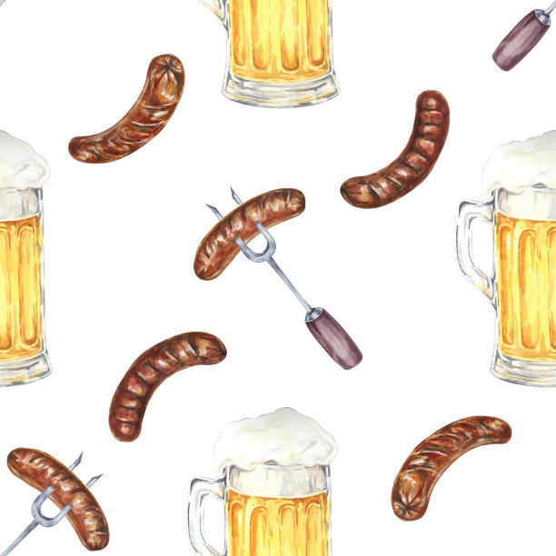 水彩无缝图案与啤酒杯和香肠。背景剪贴画活动促销，聚会装饰，主题纺织品图片下载
