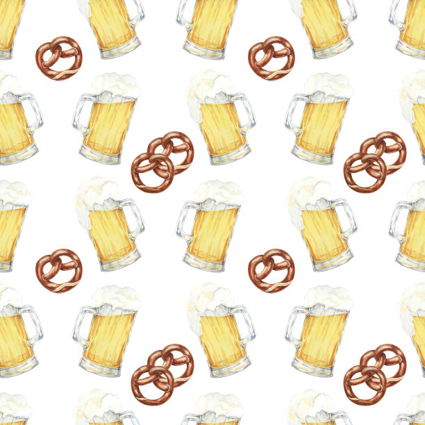 啤酒杯和椒盐卷饼背景。为节日活动邀请，派对装饰，主题服装的水彩无缝图案剪贴画图片下载