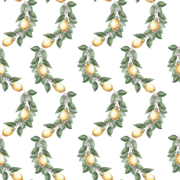 水彩无缝图案与树枝成熟柠檬。手绘柑橘装饰设计，织物或印刷。图片下载